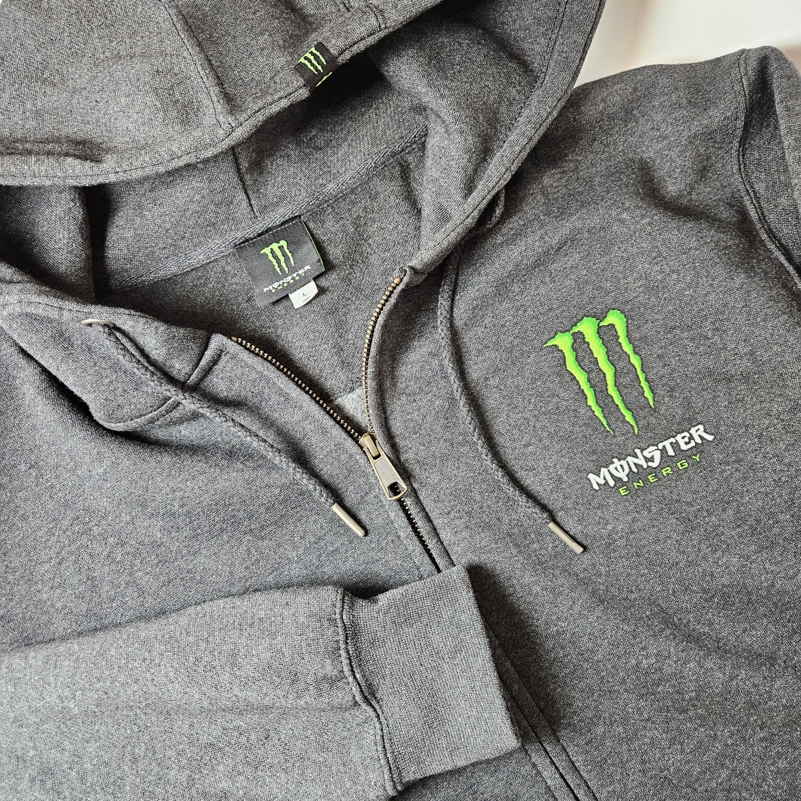 Monster Energy Hoodie Mens Large Grey Full Zip Sweatshirt Jacket Promo Racing