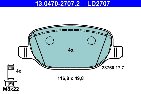 Plaquettes de frein ATE 13.0470-2707.2 pour système de disque arrière OE 71773138