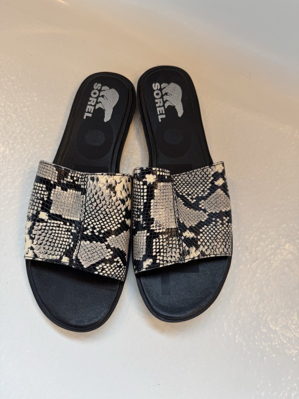 SOREL Shoes Womens Black Tan Ella II Slide Sandals Snakeskin-Size 10.5