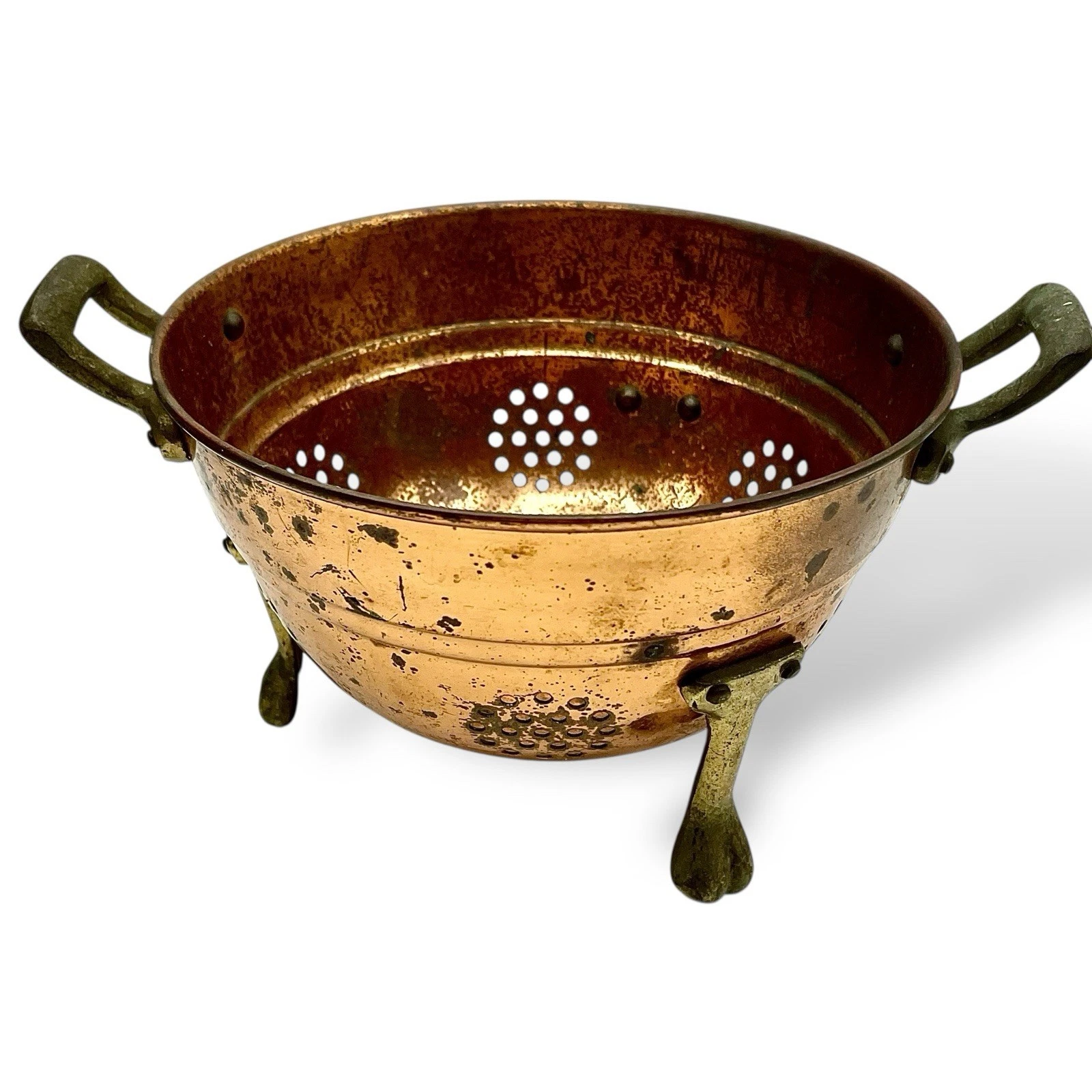 Vtg Copper COLANDER -- 10” Small Farmhouse Patina Brass Handles & Feet Marked
Opens in a new window