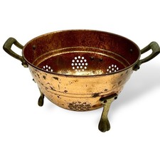 Vtg Copper COLANDER -- 10&rdquo; Small Farmhouse Patina Brass Handles & Feet Marked