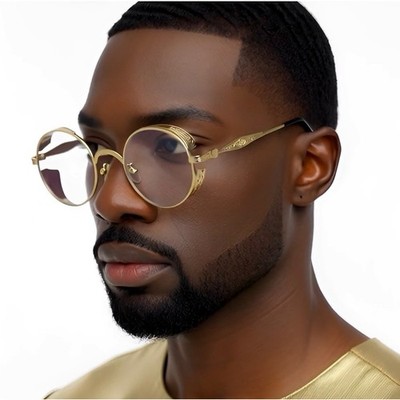 Gold Round Steampunk Glasses Side Shield Design Men's Fashion Hip Hop Clear Lens