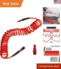 Self-Coiling 25ft Red Air Hose - Flexible Polyurethane with Quick Connect