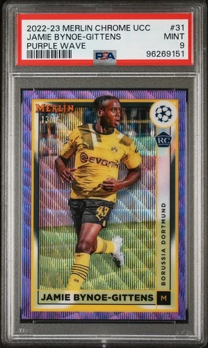 2022-23 Topps Merlin Chrome UCC Jamie Bynoe-Gittens Purple Wave /15 PSA 9 RC