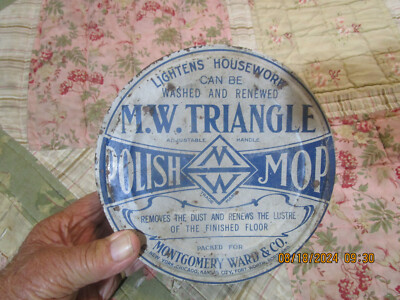 MONTGOMERY WARD & CO. Triangle Brand '' M.W. POLISH MOP '' Advertising Tin c1920s