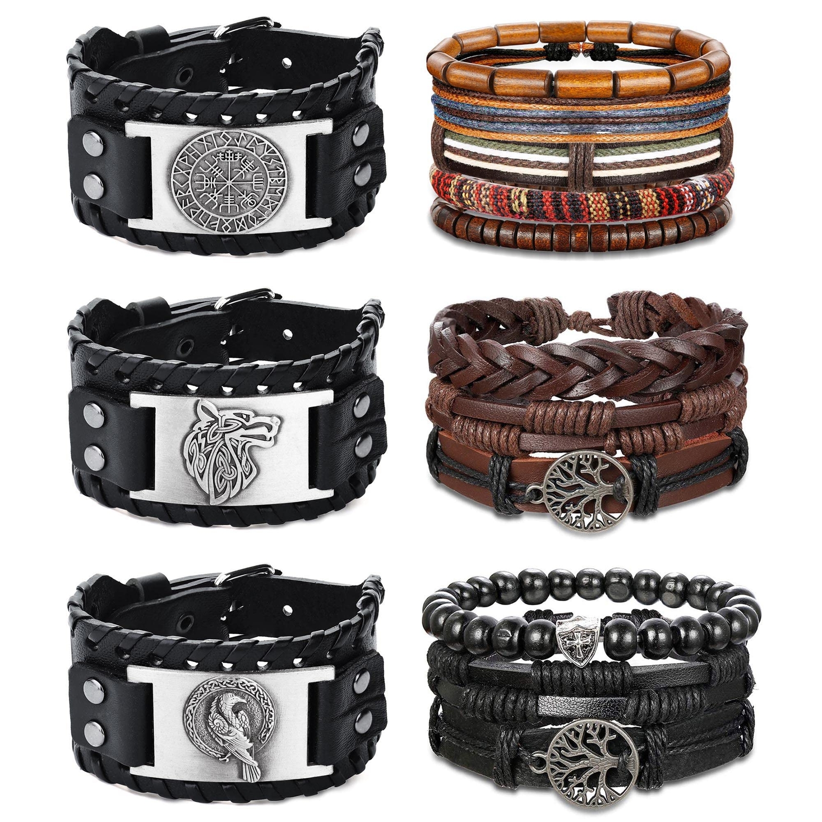 14Pcs Pulsera Hombre Cuero Vintage Brazalete Vikingo Lobo arbol de la Vida