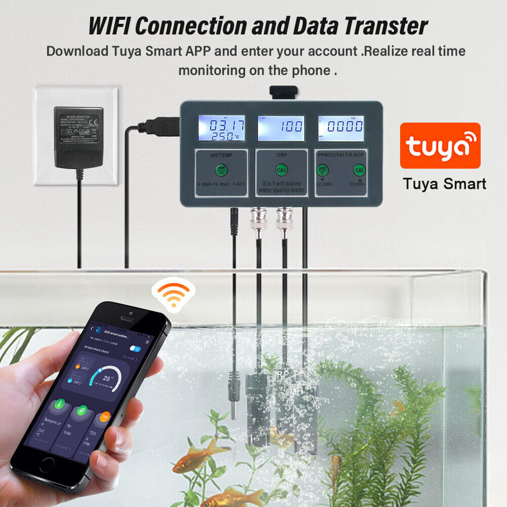 8 en 1 Smart Tuya WIFI Monitor Acuario Piscina Medidor de Calidad del Agua PH ORP Tester