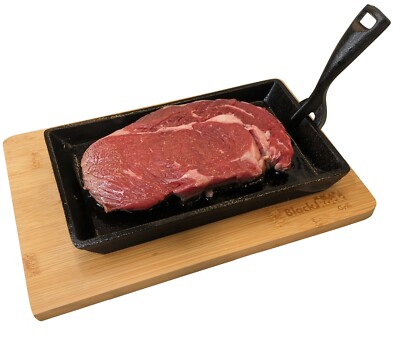 Gusseisen Pfanne Steak Sizzler Servierpfanne Teller Fajita Geschirr + Holzsockel