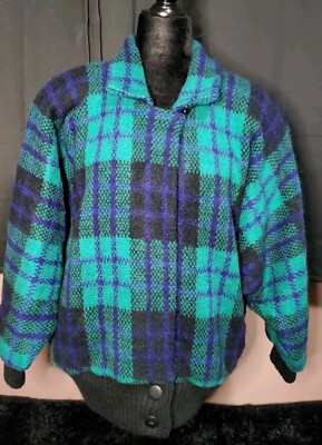 VTG GlobeX Plaid Sweater Jacket Teal Blue Black Rib Hem Korea M