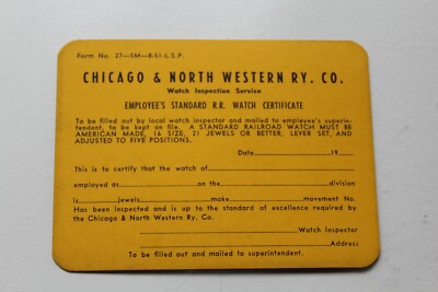 Vintage Chicago & Northwestern Employee's Standard Rail Road Watch Certificate