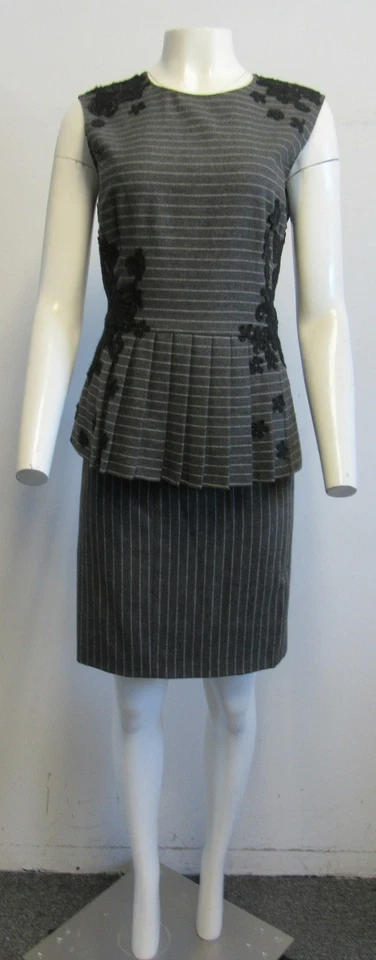 OSCAR DE LA RENTA Conjunto Top y Falda Plisada Lana Gris Rayas Talla 10/14 Foto 2 de 4