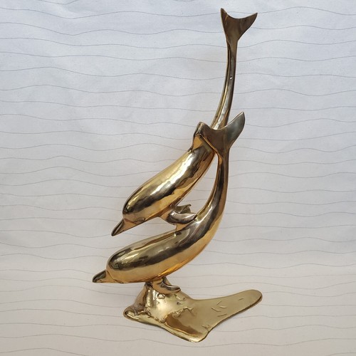 Vintage Large Solid Brass Dolphins Two Statue Decor Nautical Sea Decor Swimming