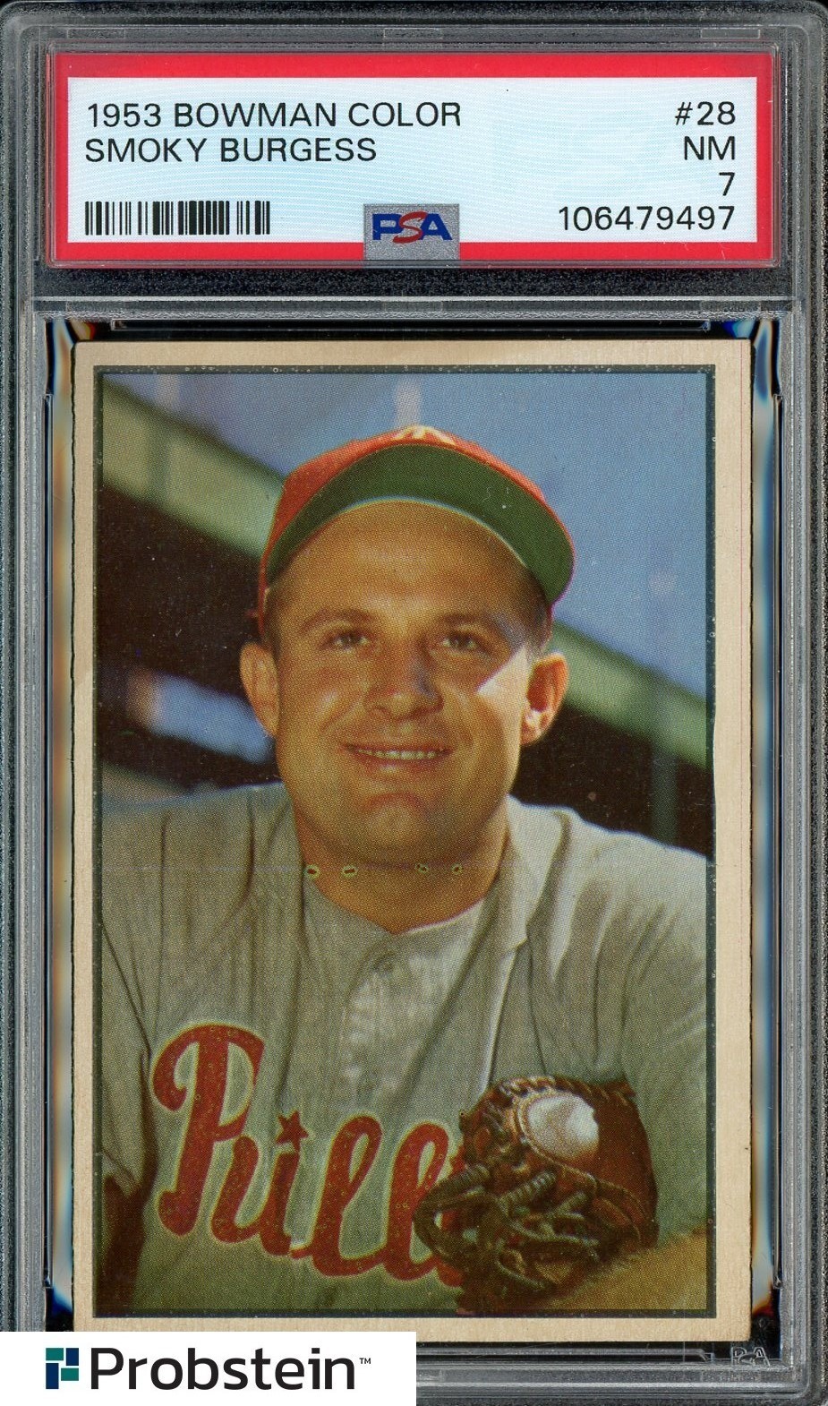 1953 Bowman Color #28 Smoky Burgess Philadelphia Phillies PSA 7 NM