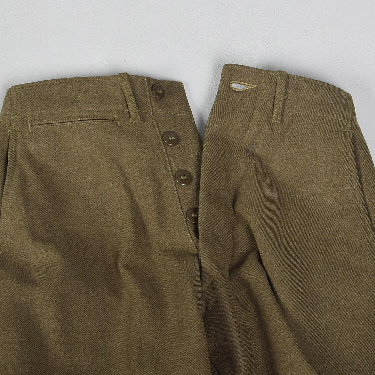 S 29x28 1940s Mens Pants Military Olive Green Button Fly Wool Flat