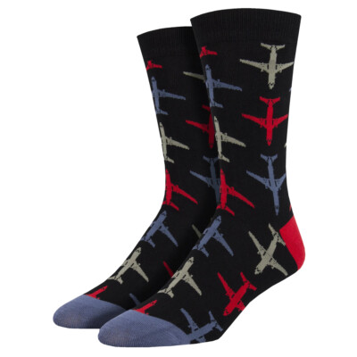 Socksmith Men's Bamboo Crew Socks Airplanes Jet Planes Aircraft Novelty Footwear