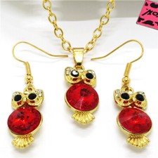 Hot Red Owl Bird Crystal Chain Necklace Stand Earrings Women Jewelry Set