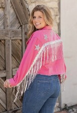 Women  s Western Cowgirl Pink Jacket W Silver Sequin Stars  Fringe S-XL NWT