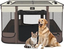 Large Pet Playpen for Small Dogs  Cats, Removable Shade, Brown, with Case