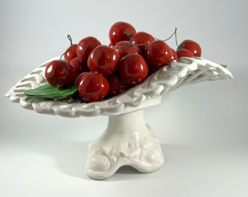 Italy Ceramic Fruit Basket Cherries White Pedestal Italian Glossy 10"x7"x4.5" - Picture 4 of 12
