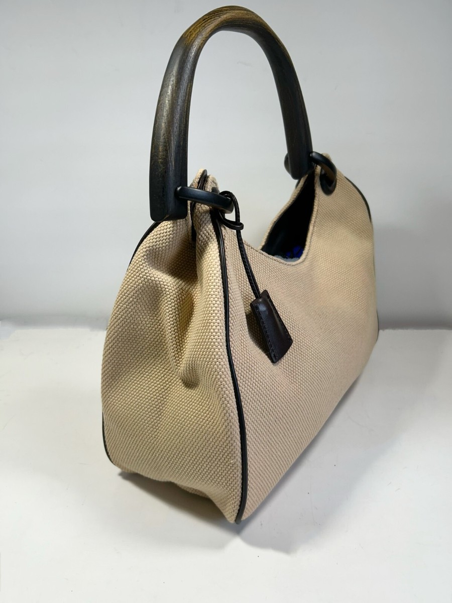 Auth Vintage GUCCI Beige Canvas Leather Trim Wood Handle Tote Bag