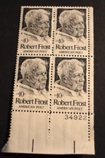 1974 US Stamps Scott #1526 10 Cent Plate Block - Robert Frost - MNH/OG/VF