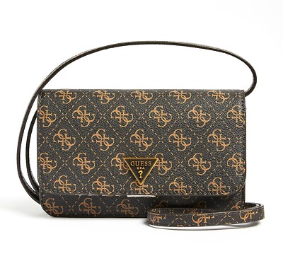 GUESS ALEXIE Phone Crossbody Bag Brown Logo, Damen Tasche Handytasche Geldbörse