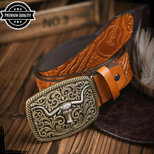 Western Luxury Mens Cowboy Leather Belt Buckle High Quality Vintage Brown Bull