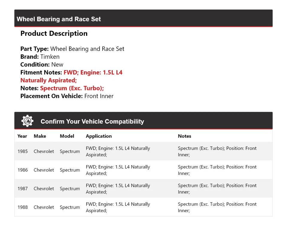 Juego de cojinete de rueda y carrera delantero interior Timken para Chevrolet Spectrum 1985-1988 Foto 2 de 4