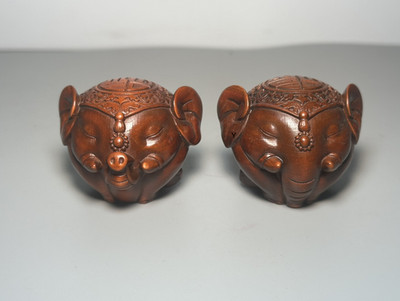 Old Antique Collection Elephant Poplar Wooden Carving Object Decoration：福禄双全