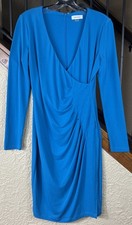 Calvin Klein Turquoise Long Sleeve Ruched Faux Wrap Dress Women’s 6