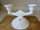 Vintage White Hobnail Fenton Dual Candle Stick Holder W/Sticker EUC