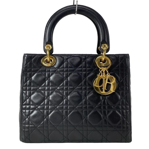 Authentique sac à main DIOR/ChristianDior Lady Dior moyen noir en peau d'agneau