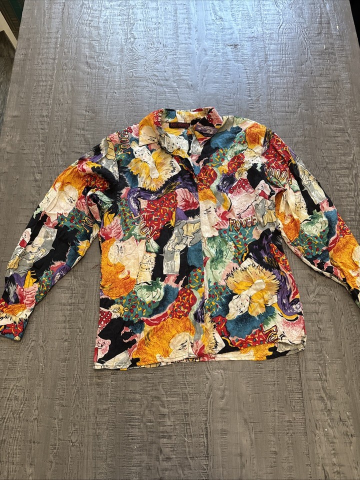 A vibrant vintage abstract pop-art button-up that looks like it escaped from a modern art museum's gift shop — in the best way.