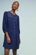 Anthropologie Dubois Dress Womens 12 Blue Mini Embroidered Puffed Pleated A Line