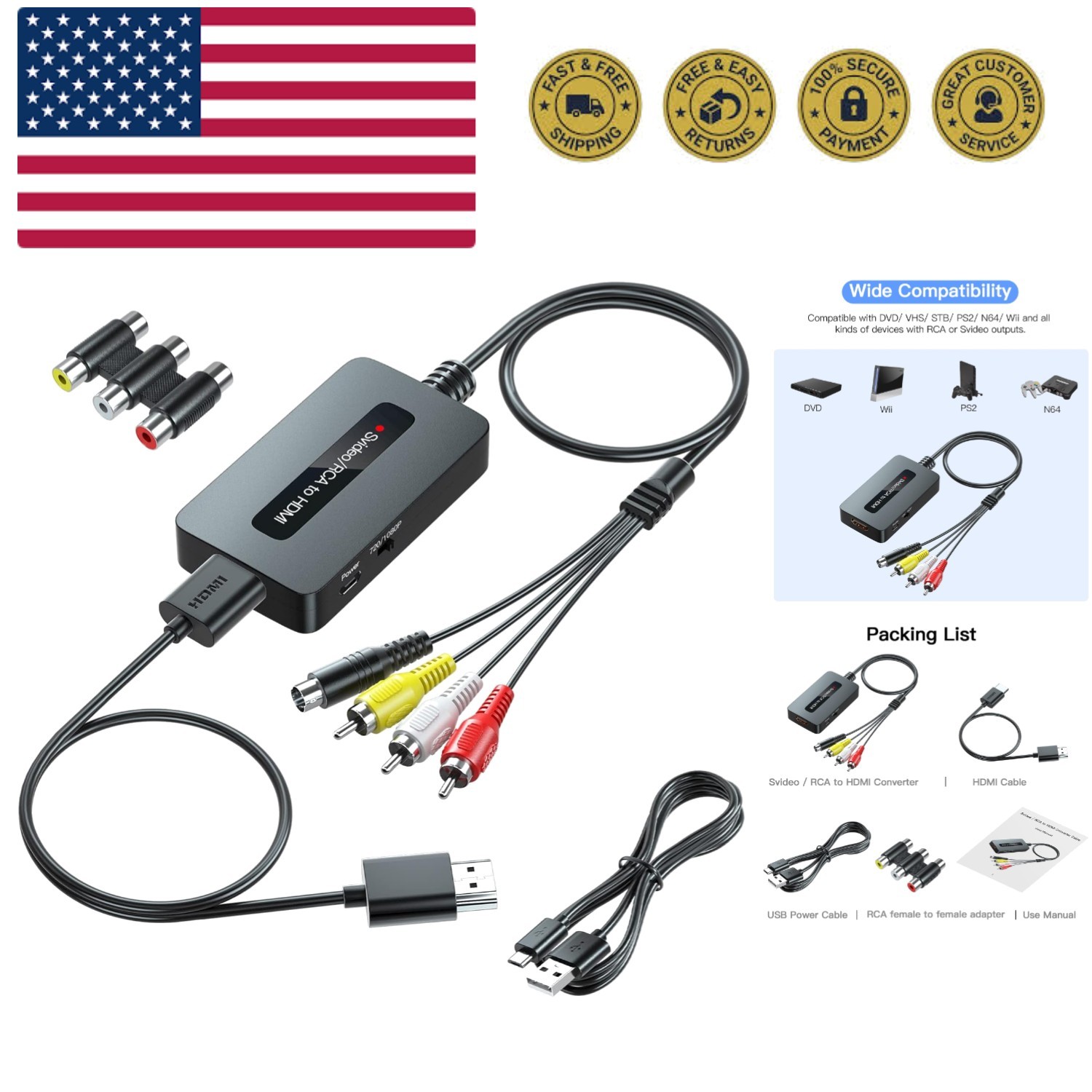 RCA Svideo to HDMI Converter with HD CableRCA and Svideo Integrated, CVBS Com...