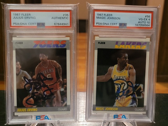 1987-88 Fleer Magic Johnson & Julius Erving PSA/DNA Cert Authentic Autos AUTO 10