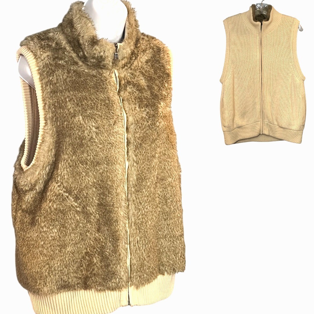Wool Blend Faux Fur Reversible Knit Vest Jacket Women Small Western Preppy Boho