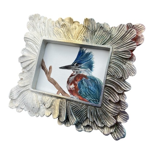 Belted Kingfisher watercolor print in mini vintage style multicolor ornate frame - Picture 6 of 7