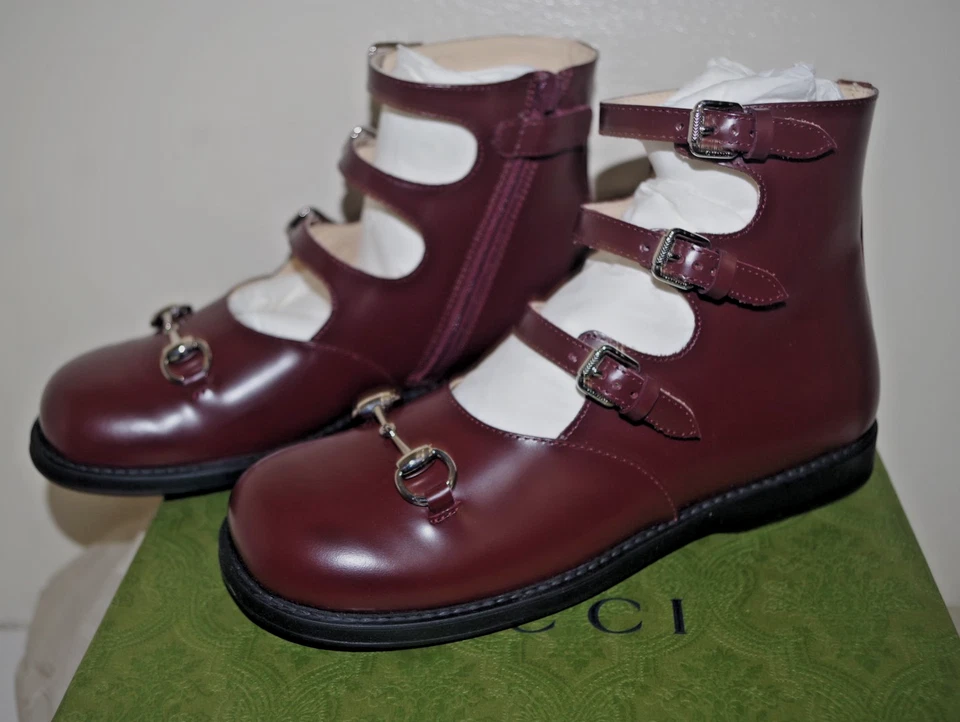 Novo Na Caixa Gucci Itália Couro Horsebit Meninas Botas Tiras Sapatos 1EUA 32EU Chardonnay - Imagem 3 de 4