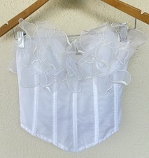 VTG White Organza Floral Applique Corset Bustier Top Boned 2XS Bridal Formal