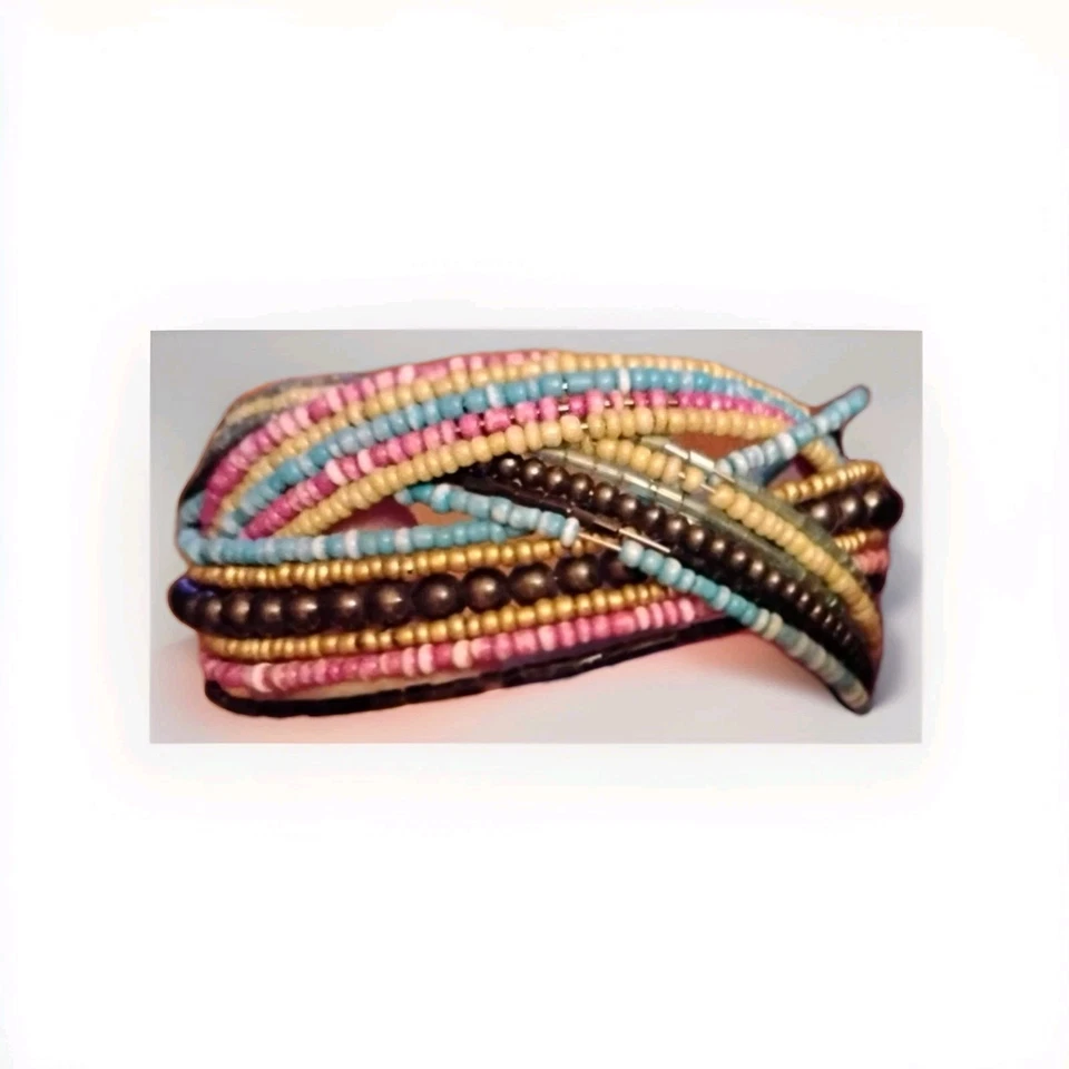 Pulsera elástica cruzada de cuentas pequeñas de bronce coral rojo turquesa - Foto 2 de 3