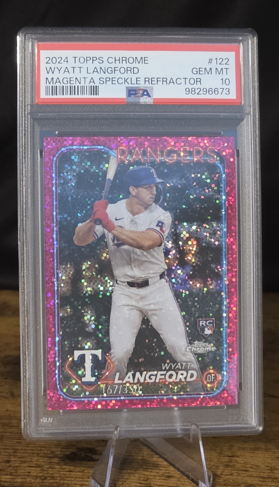 ⚾️ Wyatt Langford 2024 Topps Chrome Magenta Speckle Refractor /350 RC #122 PSA10