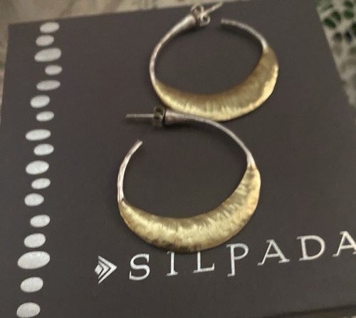 Sterling Silver & Brass Hoop Earrings Silpada 1 1/2" Pierced Hoops - Picture 1 of 7