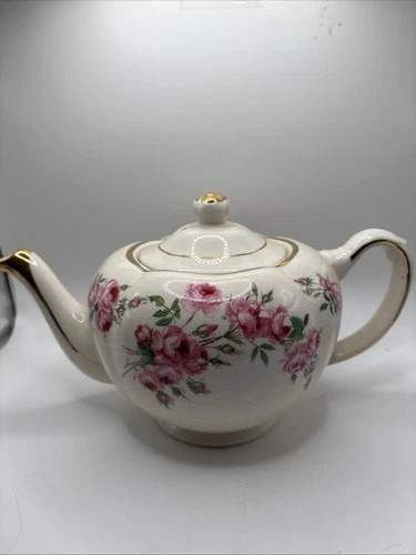 Prince Kensington Teapot 2674 CRAZING  Ivory w/ Pink Roses Gold Trim Shabby Chic
