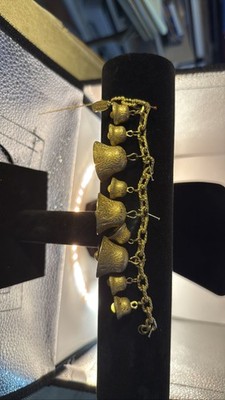 Miriam Haskell Signed Gold Tone Jingle Bell Dangle Bracelet Vintage Holiday