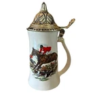 Vintage Nelson McCoy Pottery Beer Stein w Metal Lid & Thumb Latch Fox Hunt Scene