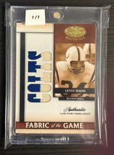 LENNY MOORE 2008 LEAF CERTIFIED MATERIALS FABRIC OF THE GAME PATCH #D 1/1 COLTS 