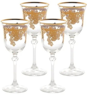 Set Of 4 LeStelle Crystal Glasses 7.5  Wine Or Water Stems Goblet 24k Gold Paint