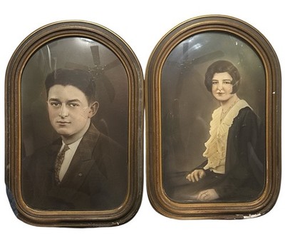 Two Antique Victorian Hand Tinted Photos Detailed Wood Frame Convex Bubble Glass
