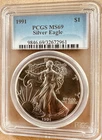 1991 $1 ONE OUNCE AMERICAN SILVER EAGLE PCGS MS69 COIN
